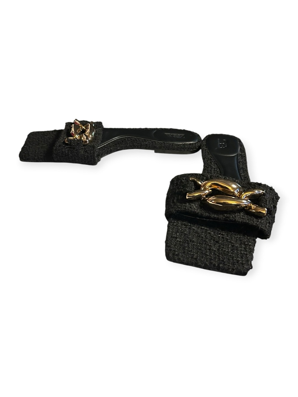Zara Black Tweed Chunky Gold Chain Flat Slides Sandals Size 9 - Picture 3 of 7